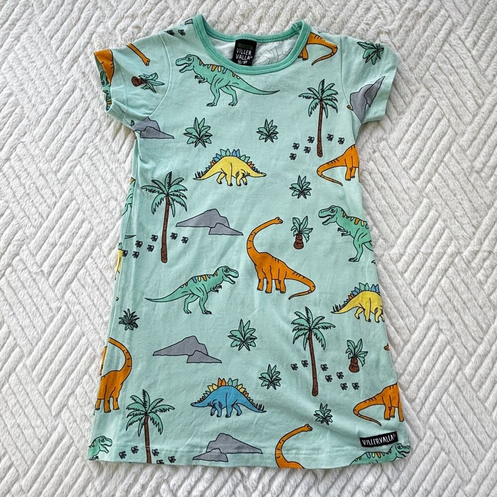 Villervalla Organic Cotton Dinosaur Dress Mint Green Short Sleeve Playwear